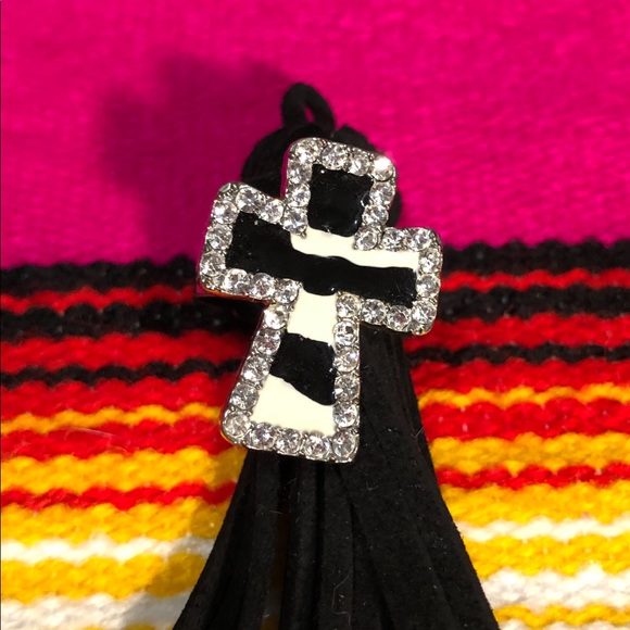 CROSS RING ZEBRA PRINT RIMMED IN RHINESTONES   ADJUSTABLE - Picture 3 of 3